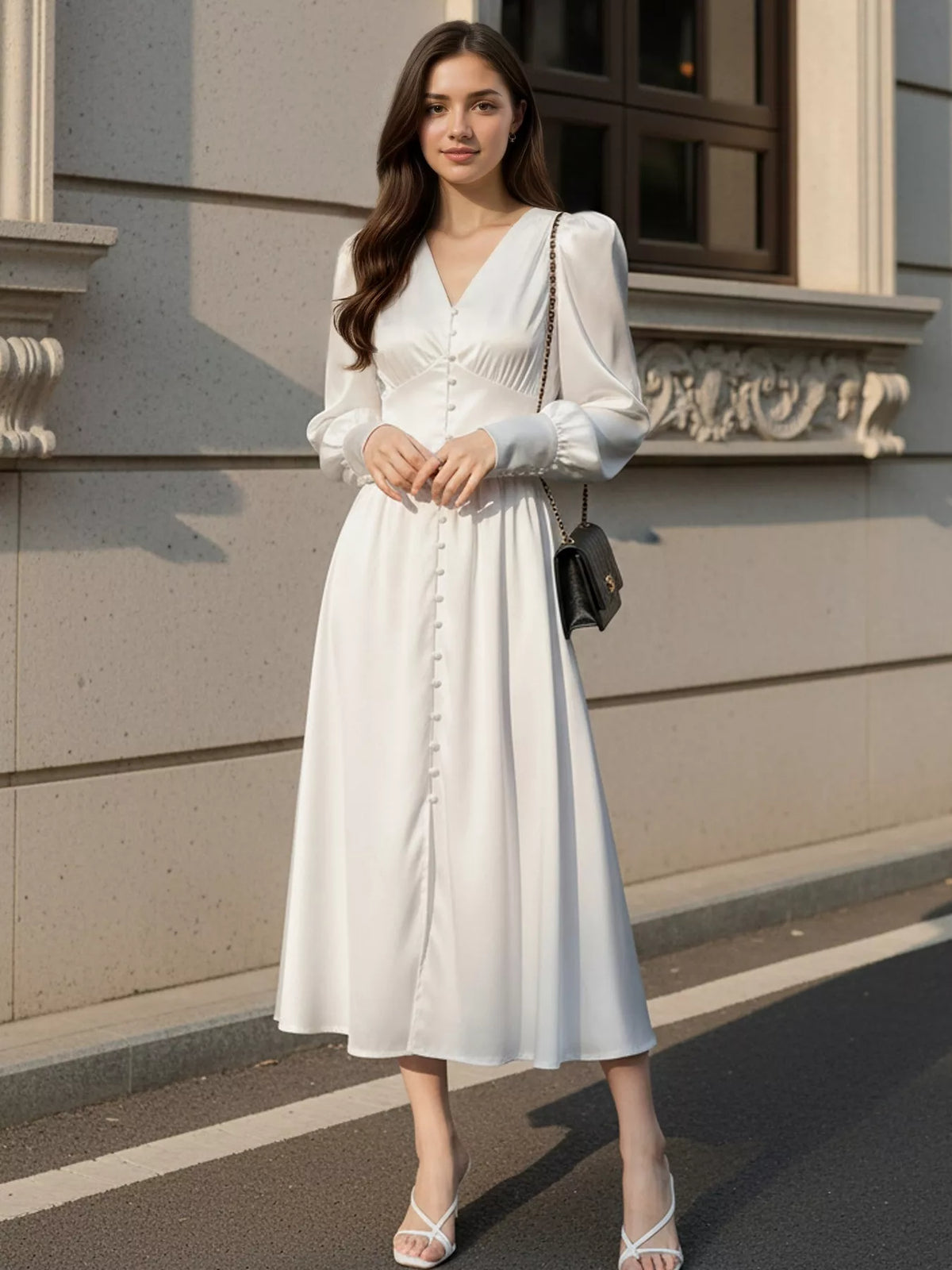 V-Neck Lantern Sleeve Midi Dress, view 5