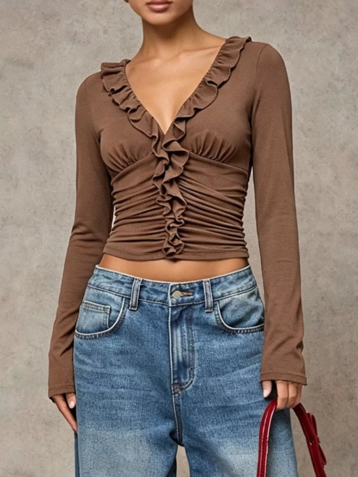 V-Neck Ruffle Trim Ruched Long Sleeve Slim Fit Top