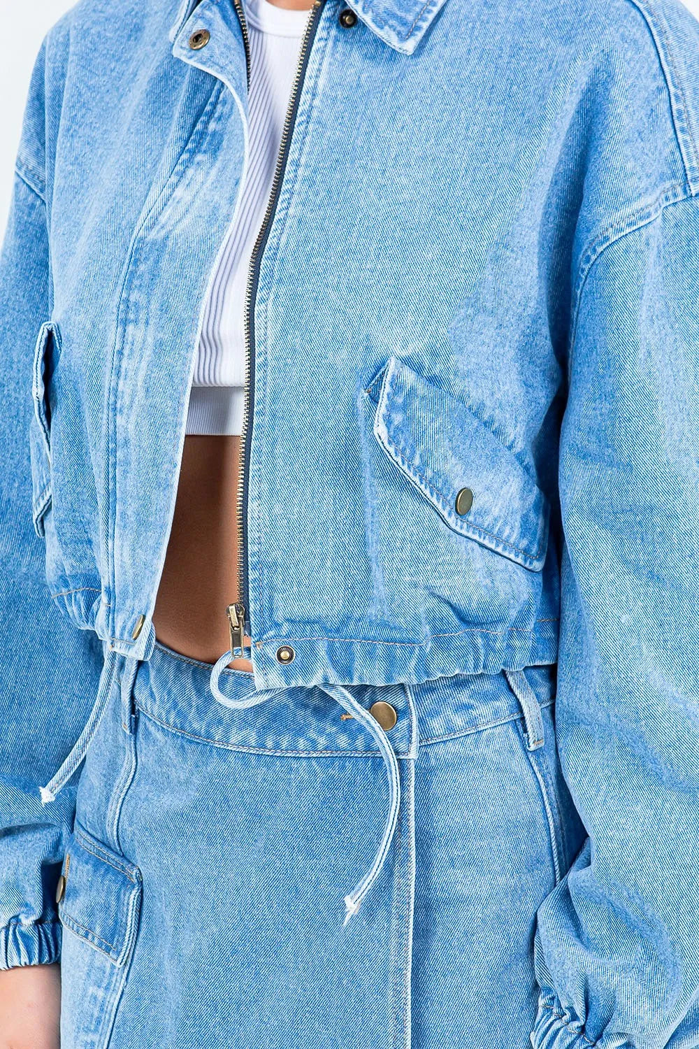 American Bazi Drawstring Waist Crop Denim Jacket - Lilixa.store