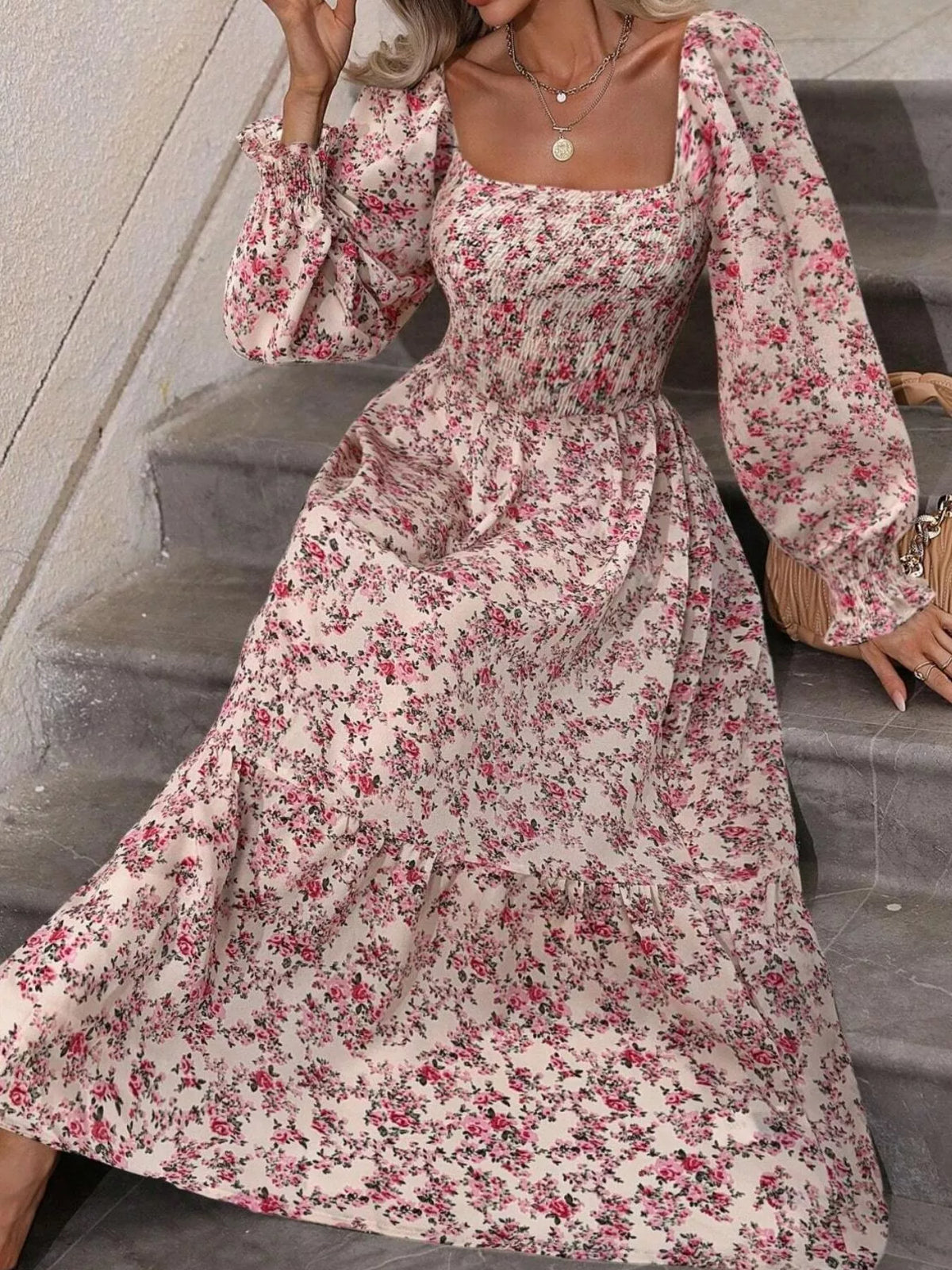 Floral Print Square Neck Smocked Midi Dress - Lilixa.store