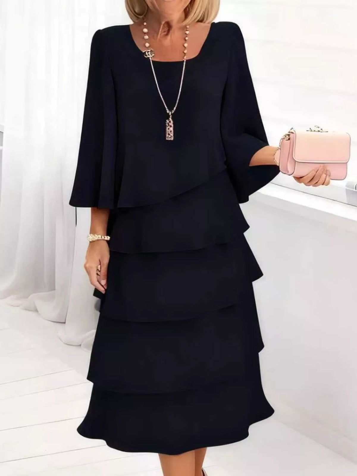Full Size Ruffled Layered 3/4 Sleeve Dress Plus Size - Lilixa.store