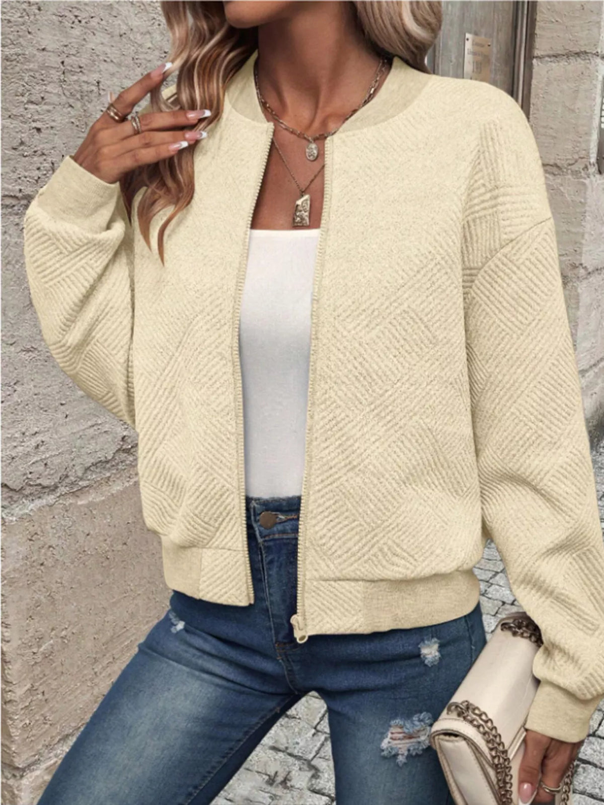 Textured Knit Zip-Up Bomber Jacket, view 2