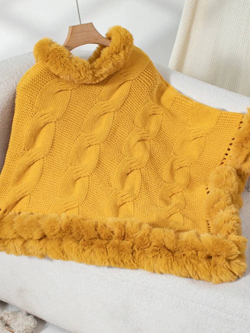 Fuzzy Hem Cable-Knit Poncho - Lilixa.store
