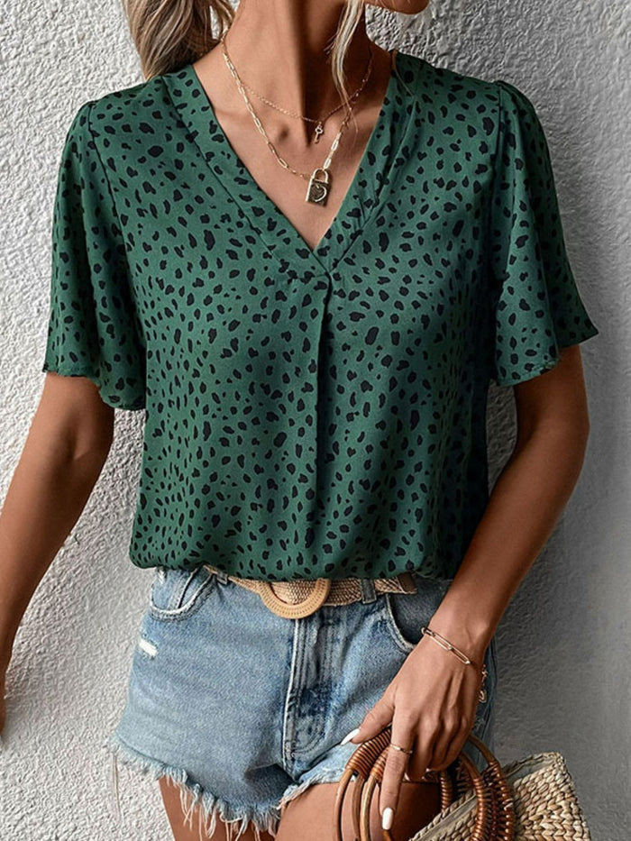 Perfee Animal Print V-Neck Flutter Sleeve Blouse in Forest