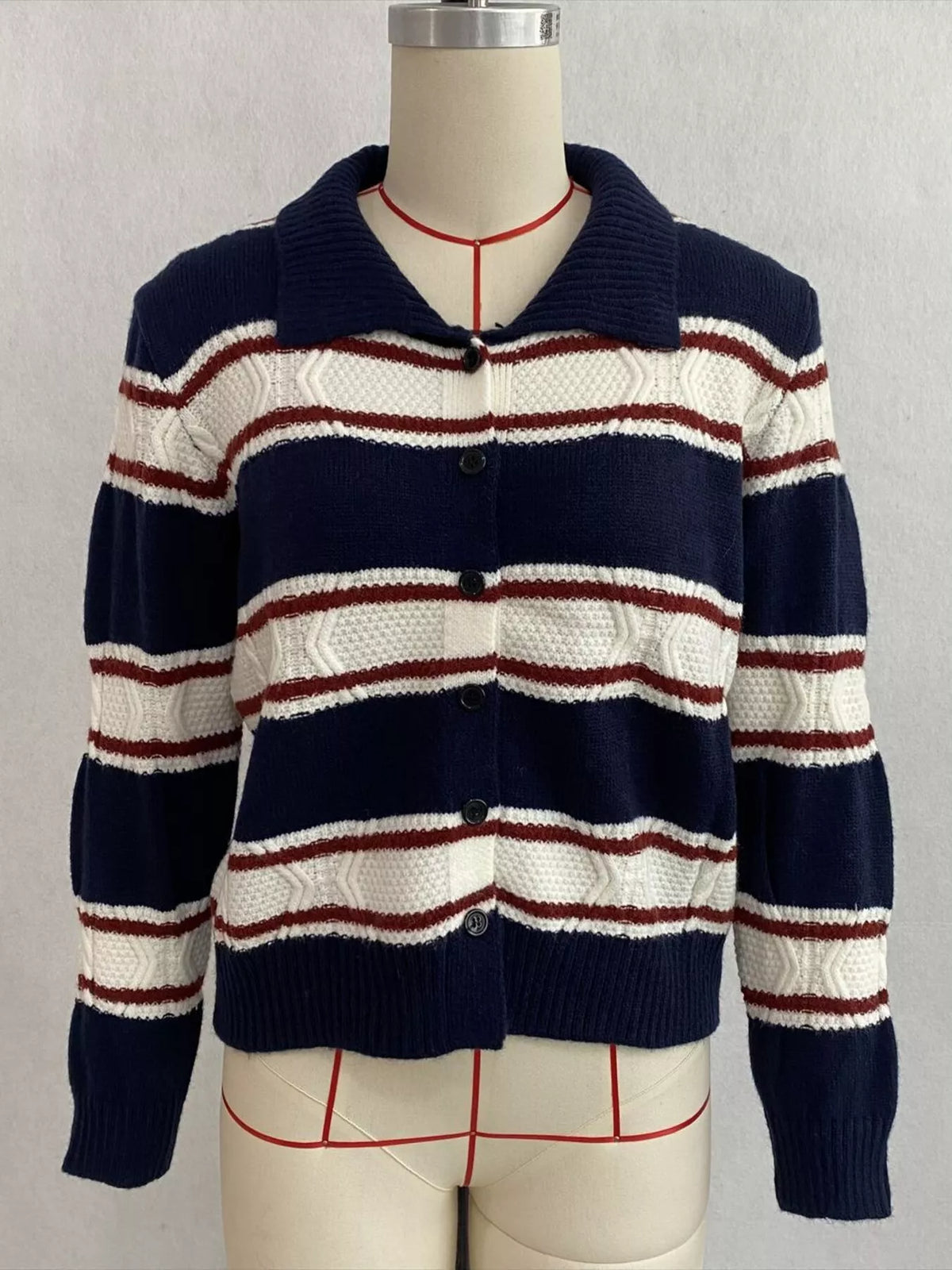 Vintage-Inspired Striped Knit Cardigan with Polo Collar, view 4