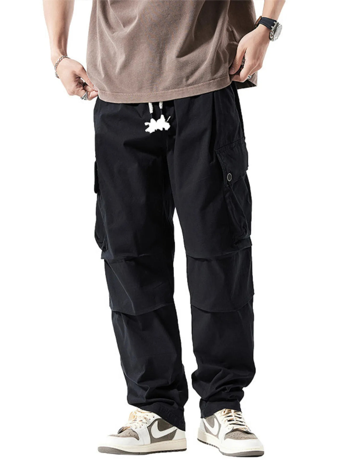 Men's Full Size Loose Fit Multi-Pocket Cargo Pants Plus Size in Black