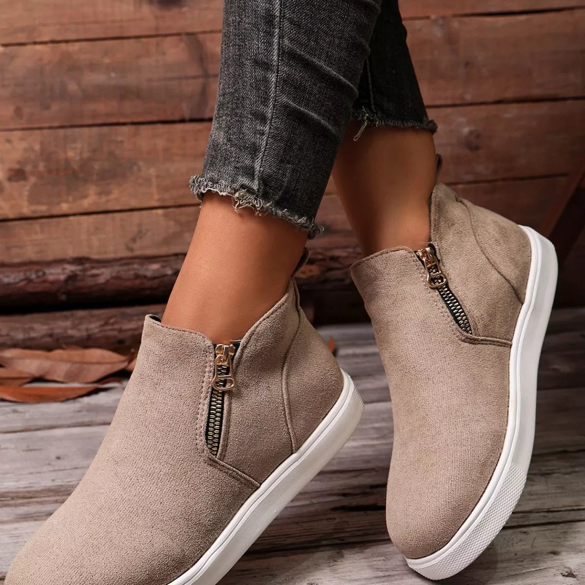 Suede Ankle Boots with Side Zipper in Khaki