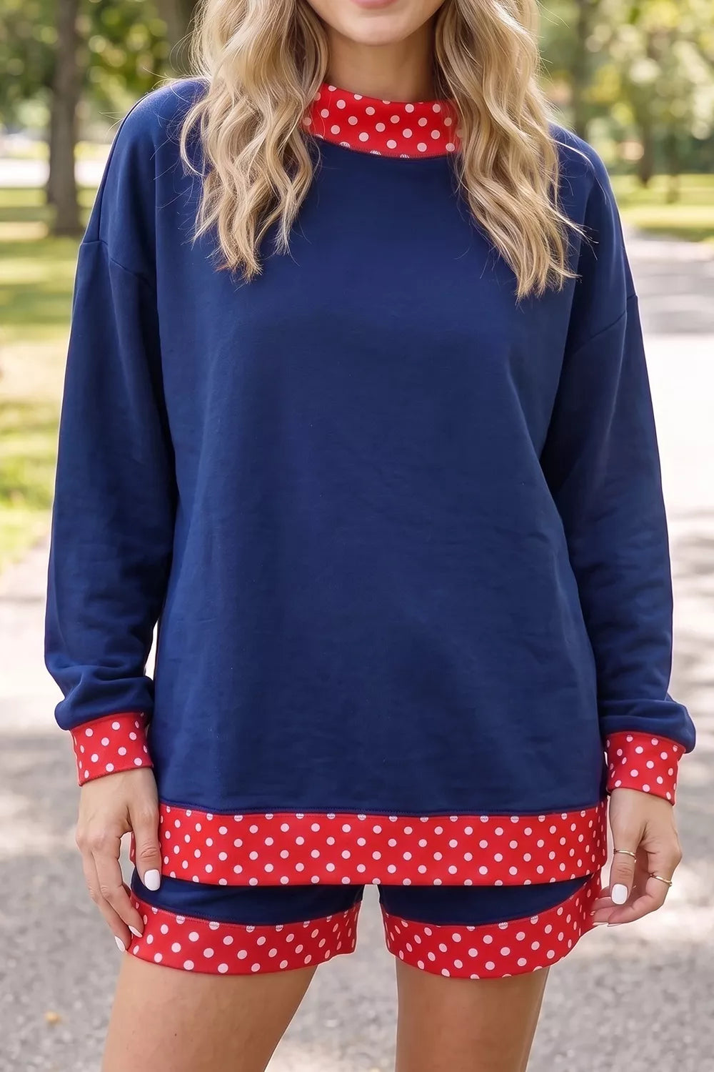 Polka Dot Trim Top and Shorts Set in Navy, view 3