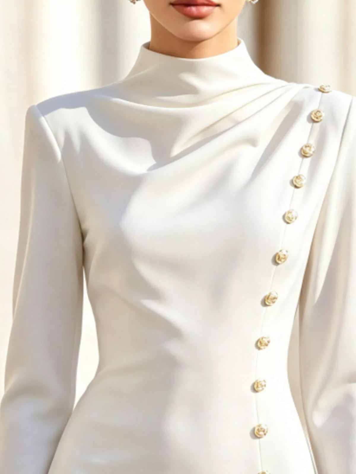 Mock Neck Long-Sleeve Bodycon Dress with Gold-Tone Button Detailing, view 2