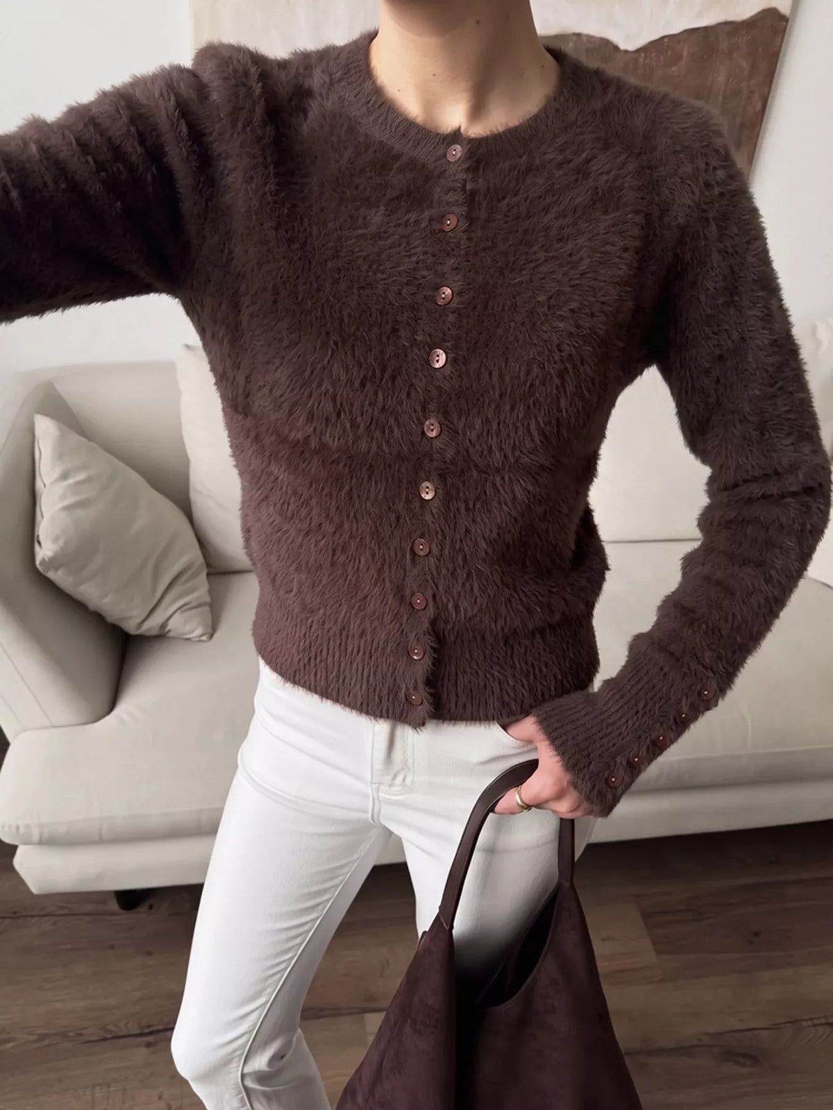 Soft Fuzzy Button-Down Cropped Cardigan in Brown