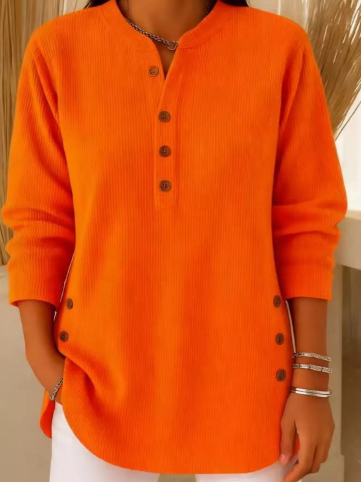 Full Size Button Detail Corduroy Top Plus Size