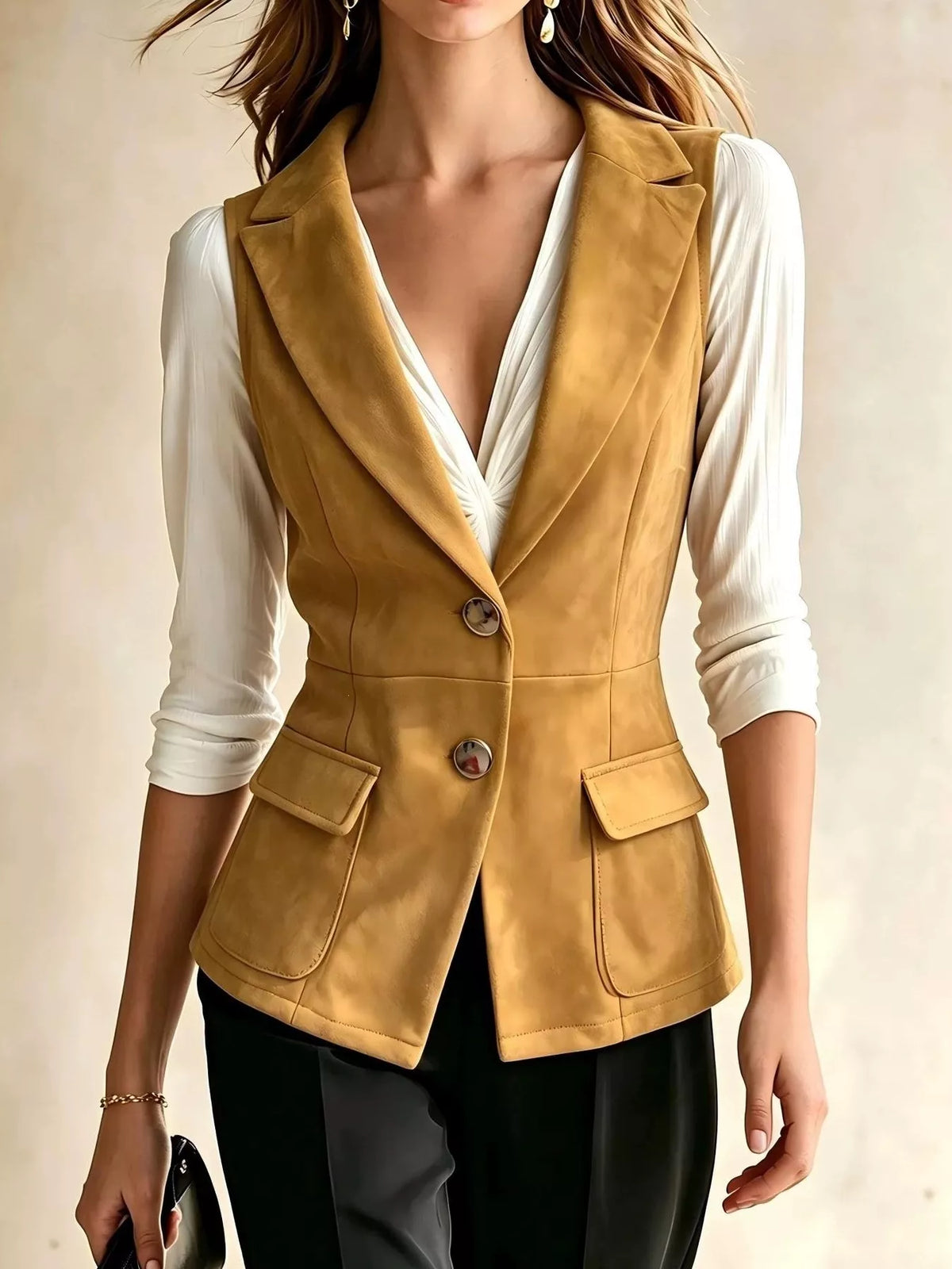 Button-Front Closure Suede Vest Coat in Caramel