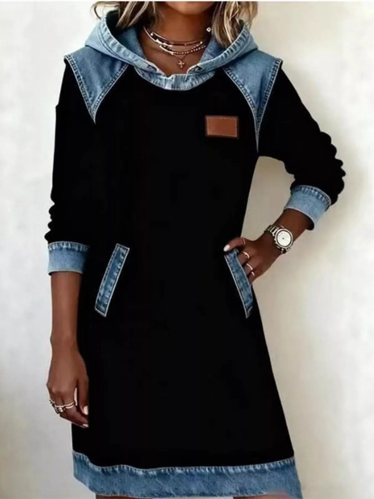 Full Size Denim Patchwork Hooded Sweatshirt Dress Plus Size - Lilixa.store