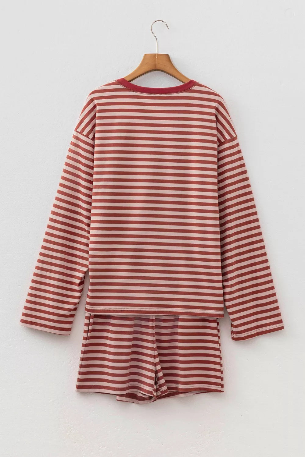 Stripe Relaxed Long Sleeve Top Contrast Elastic Waistband Short Set - Lilixa.store
