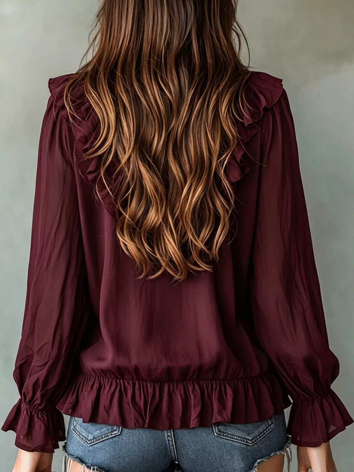 Ruffle V-Neck Long Sleeve Blouse, view 5