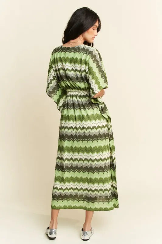 Davi & Dani Multi Color Wavy Tie Waist Flowy Sleeve Dress - Lilixa.store