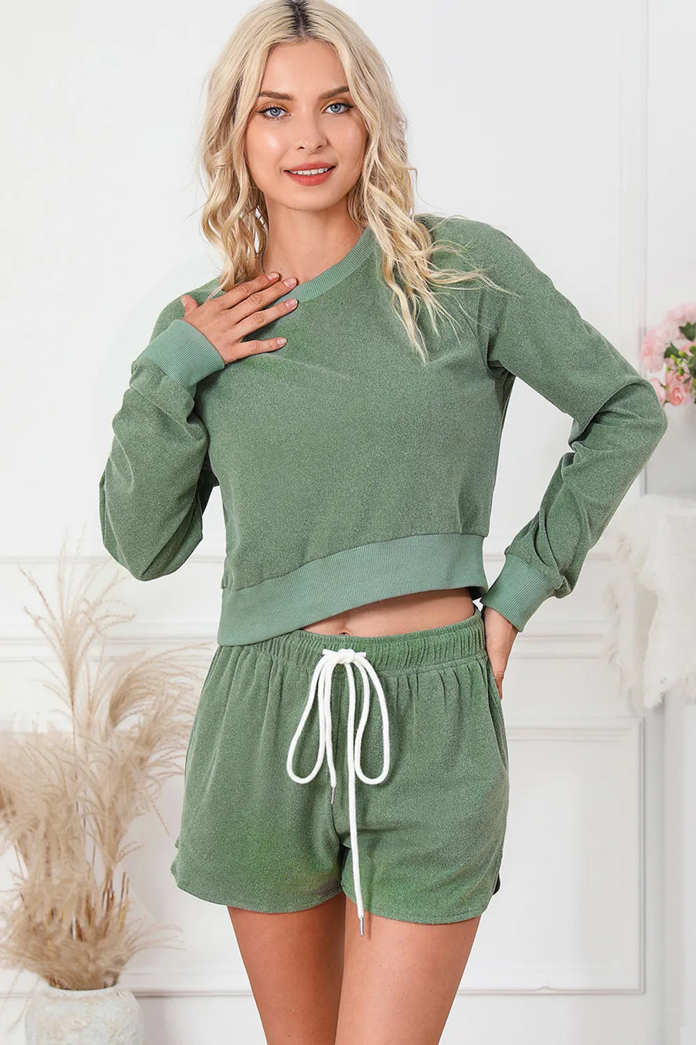 Round Neck Long Sleeve Top and Drawstring Shorts Lounge Set - Lilixa.store