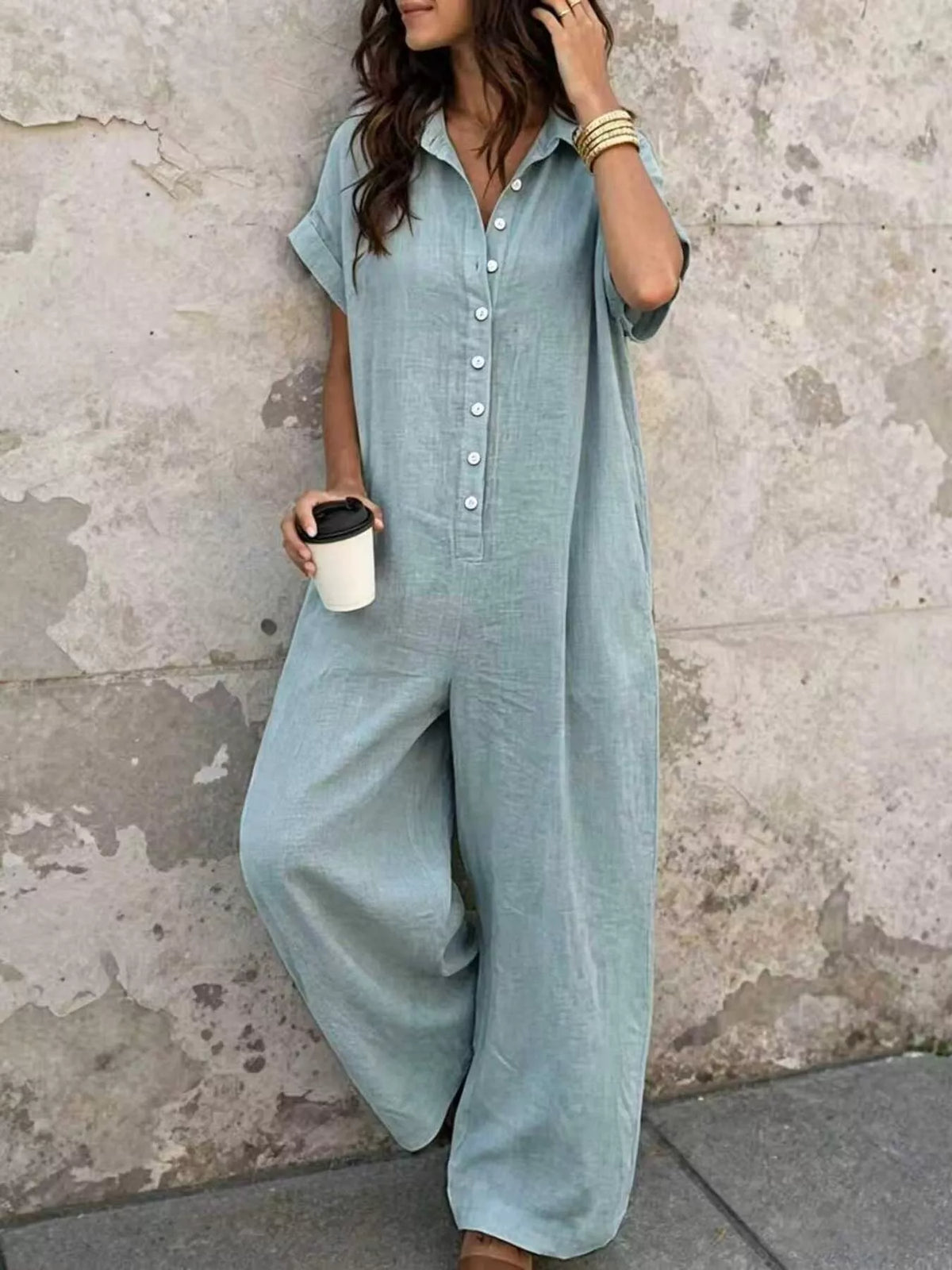 Button Front Short Sleeve Jumpsuit - Lilixa.store