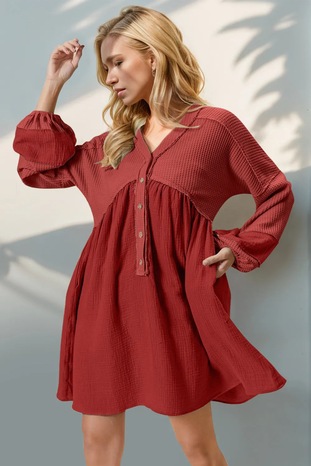 Double Take Waffle-Knit Contrast Half Button V-Neck Long Sleeve Mini Dress in Red, view 2