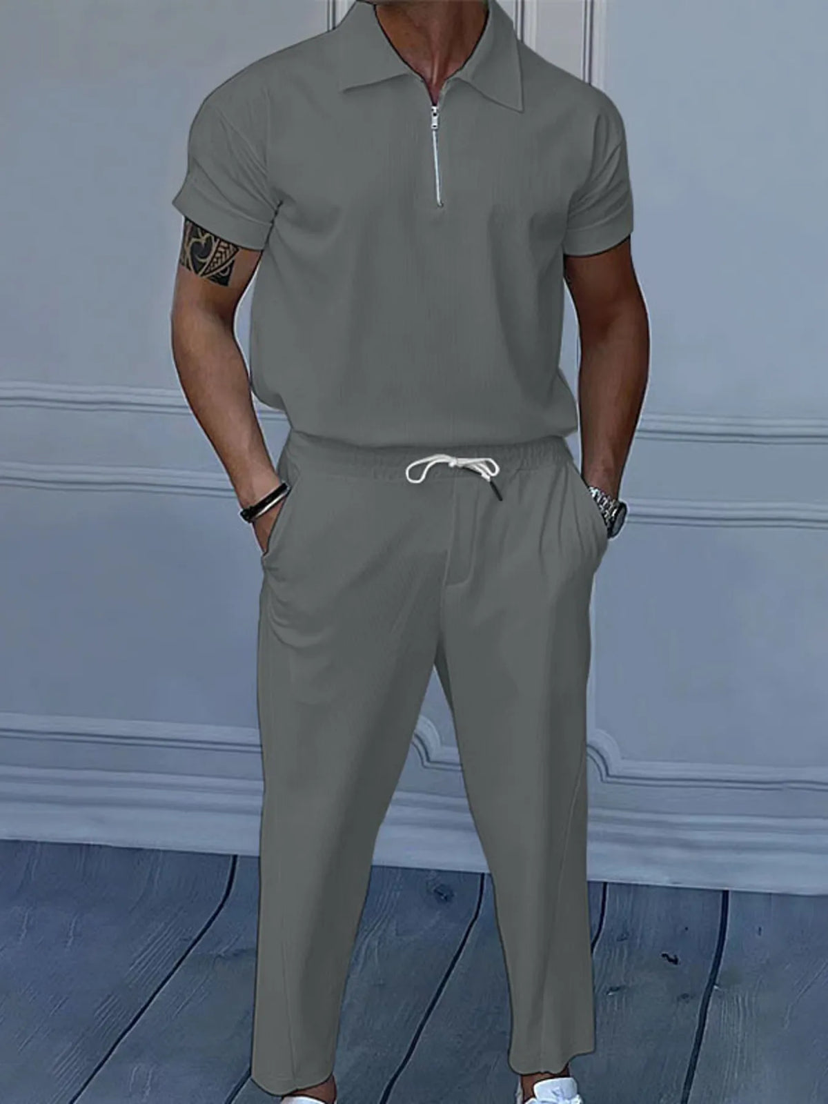 Men's Full Size Quarter Zip Short Sleeve Polo and Pants Set Plus Size in Dark Gray