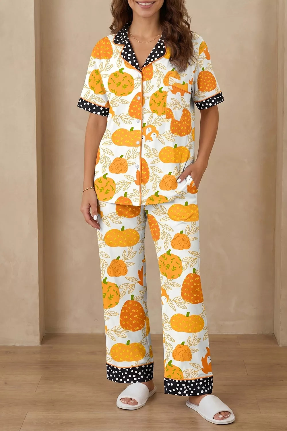 Short Sleeve Pumpkin Print Polka Dot Trim Pocket Placket Lounge Set - Lilixa.store