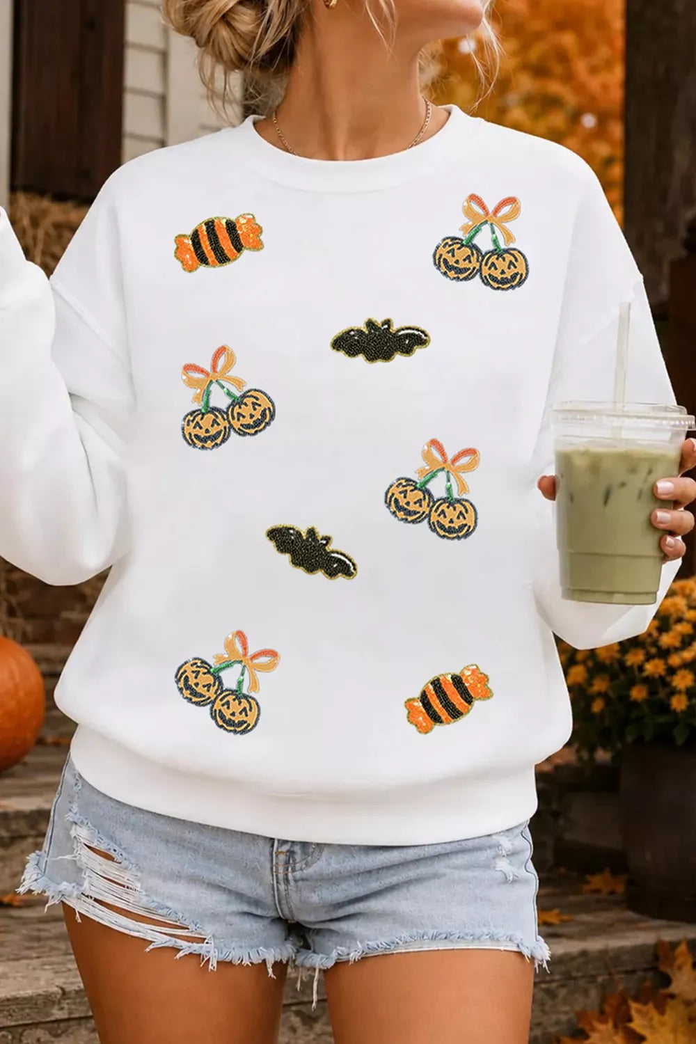 Sequin Halloween Pattern Pullover Sweatshirt
