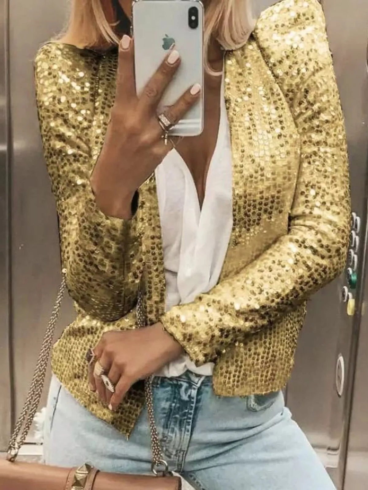 Full Size Sequin Long Sleeve Jacket Plus Size in Gold