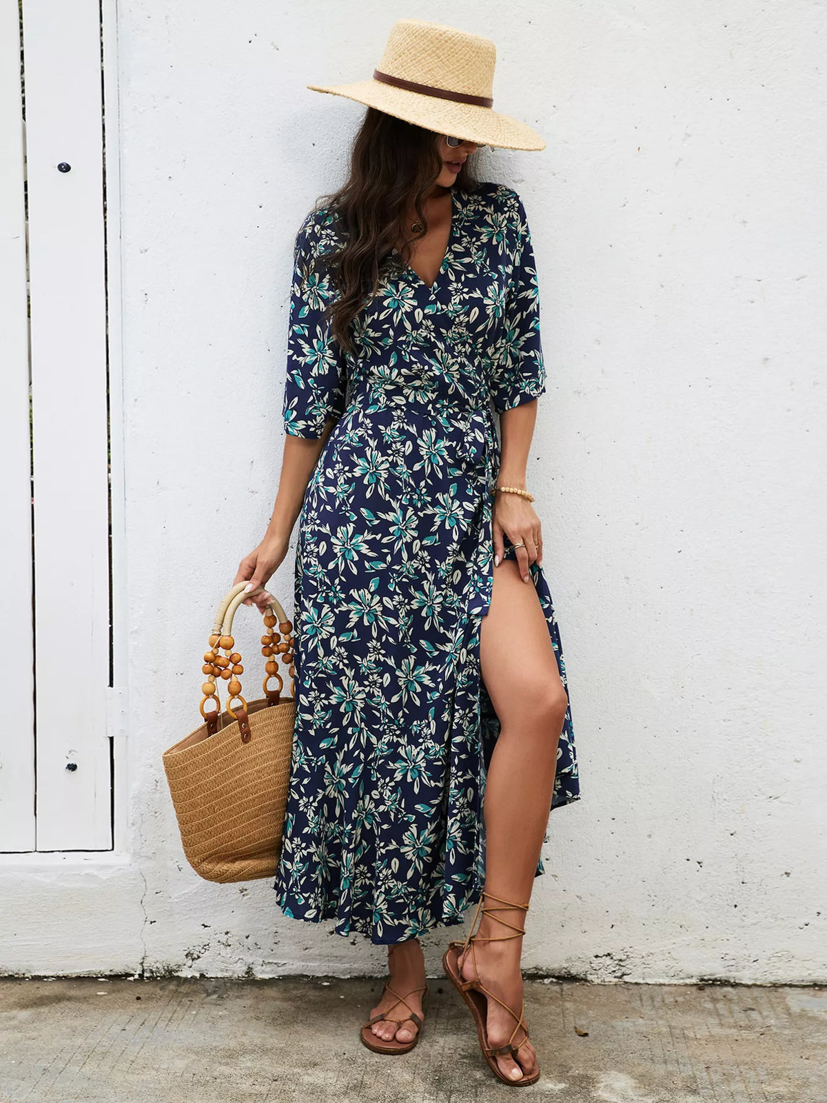 Slit Printed Surplice Midi Dress - Lilixa.store