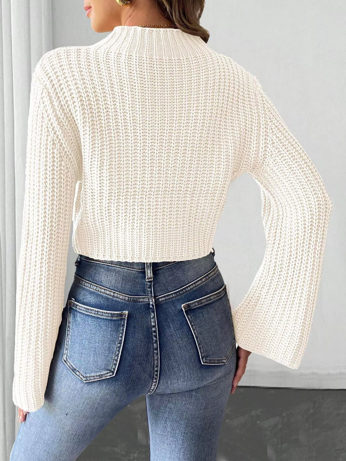 Bow-Decorated Mock Neck Cropped Sweater - Lilixa.store