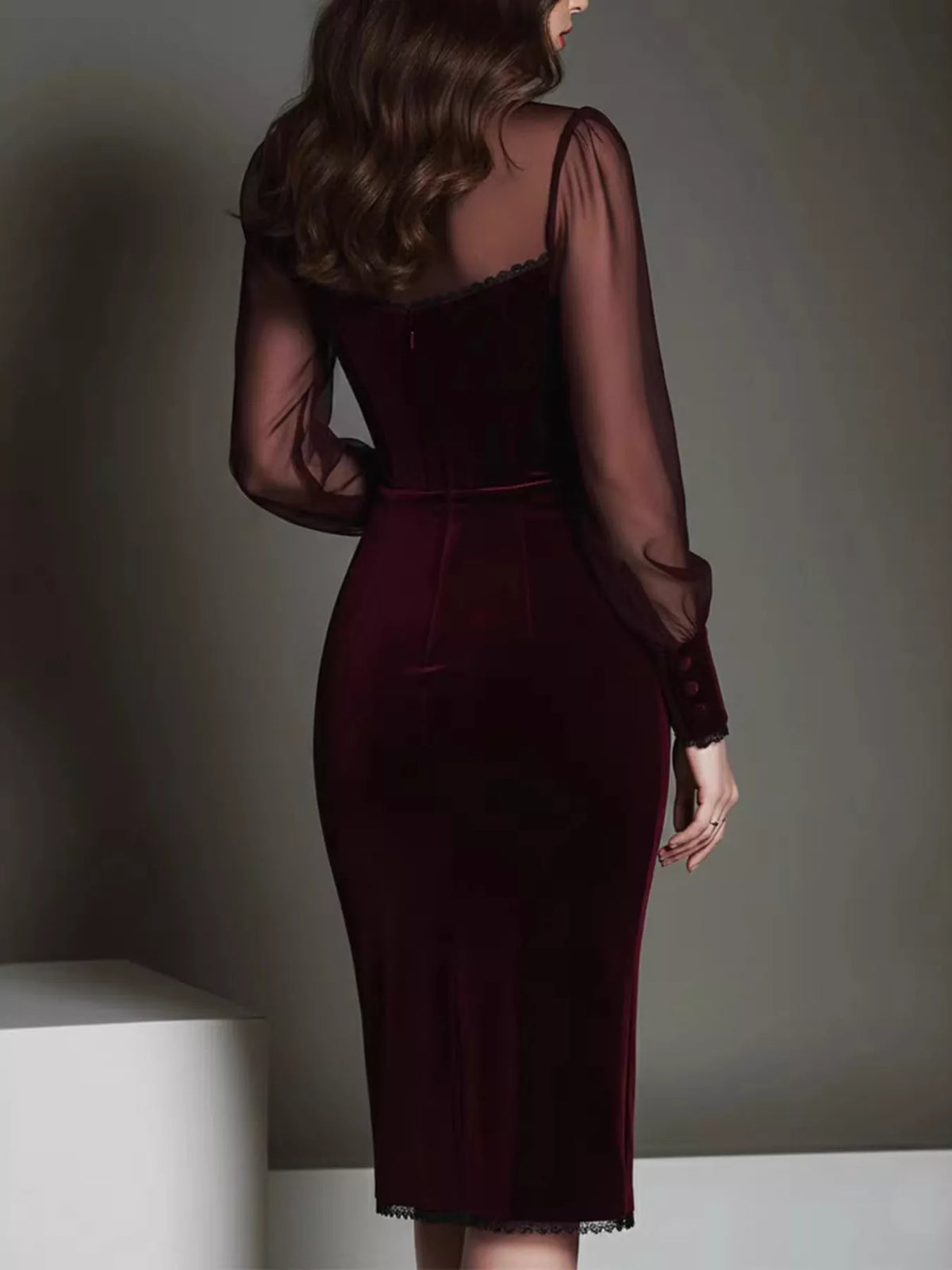 Velvet Bodycon Dress with Sheer Mesh Sleeves - Lilixa.store