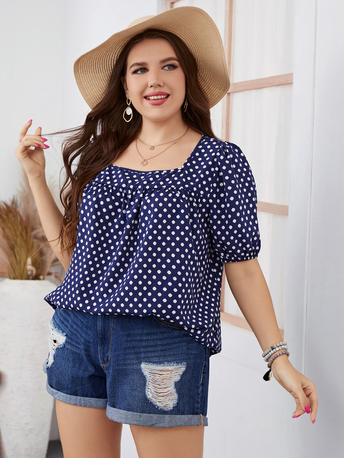 Honey Plus Size Polka Dot Square Neck Blouse in Dark Blue, view 3
