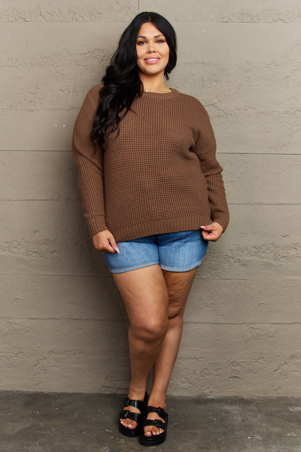 Zenana Breezy Days Plus Size High Low Waffle Knit Sweater - Lilixa.store