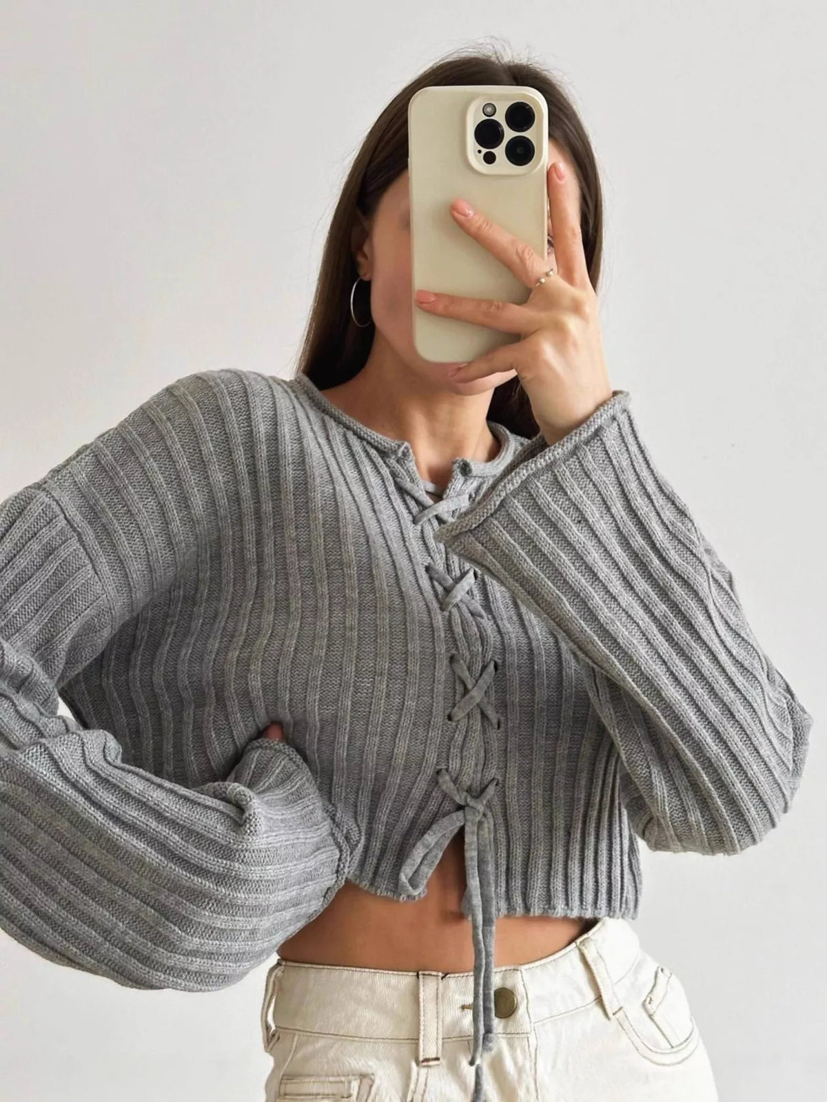 Ribbed Lace-Up Crop Sweater in Gray