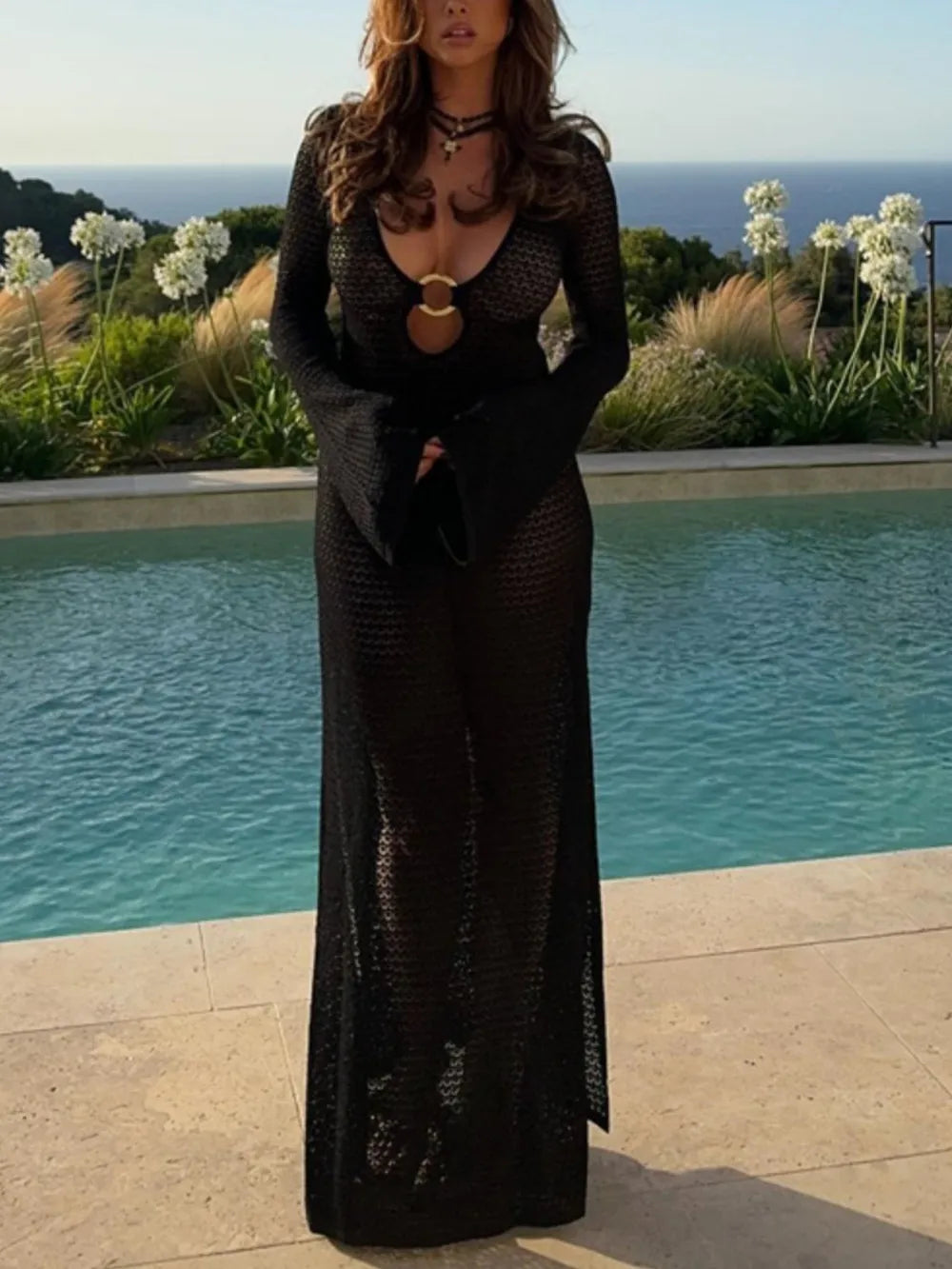 Slit Plunge Flare Sleeve Cover-Up Dress - Lilixa.store
