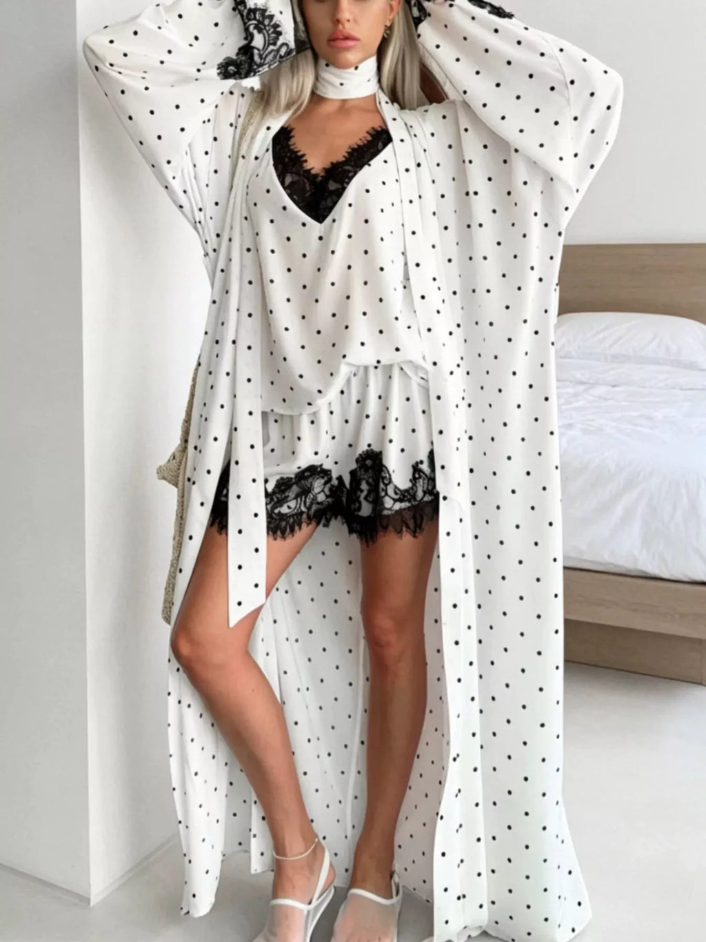 Polka Dot Lace Trim Cami & Cardigan and Shorts Set - Lilixa.store