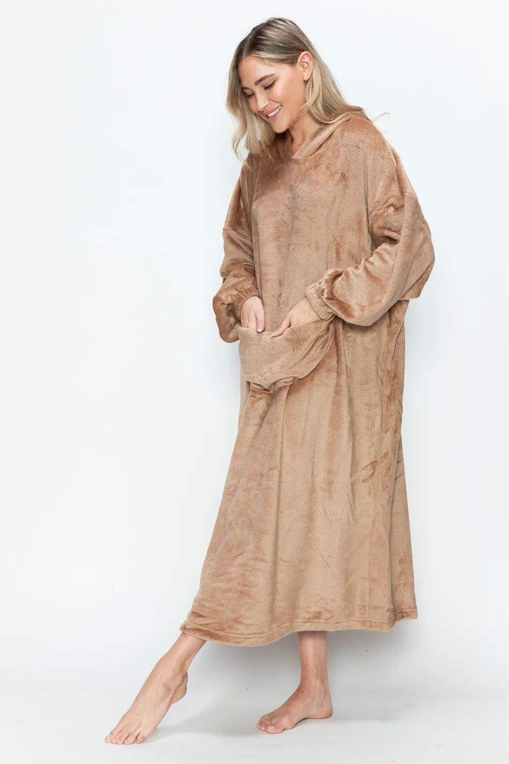 Double Take Full Size Pocketed Hooded Midi Lounge Dress - Lilixa.store