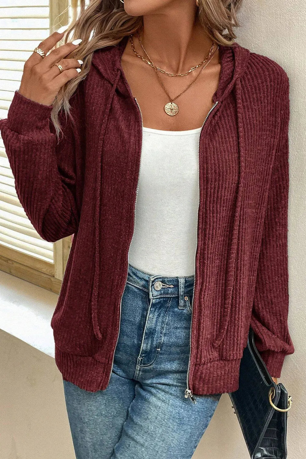Drawstring Zip Up Long  Sleeve Hooded Jacket - Lilixa.store