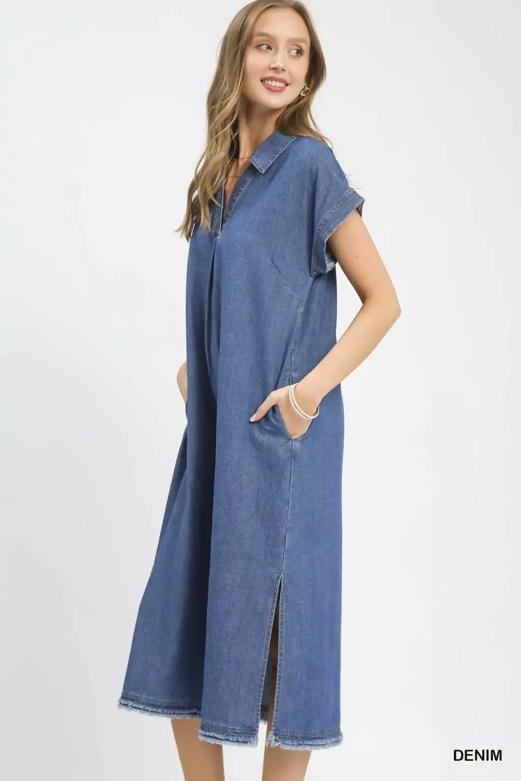Umgee Stone Washed Collared Denim Midi Dress - Lilixa.store