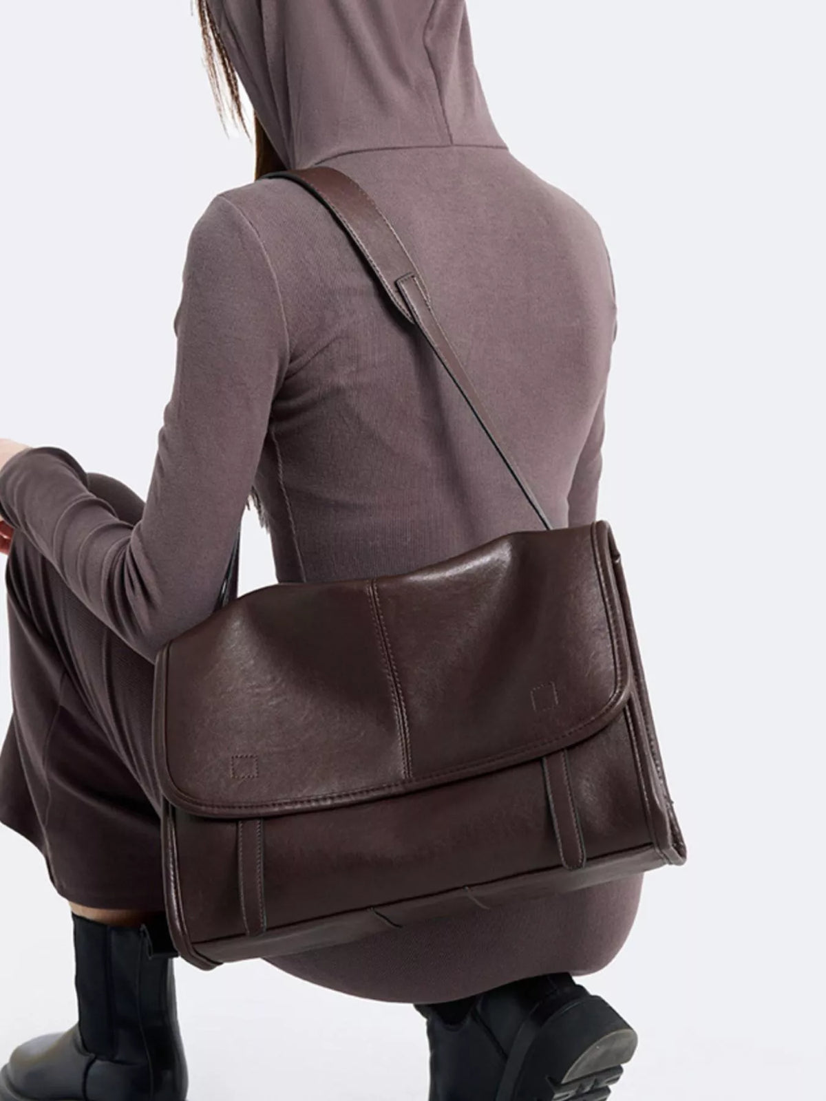 PU Leather Messenger Shoulder Bag in Brown, view 2