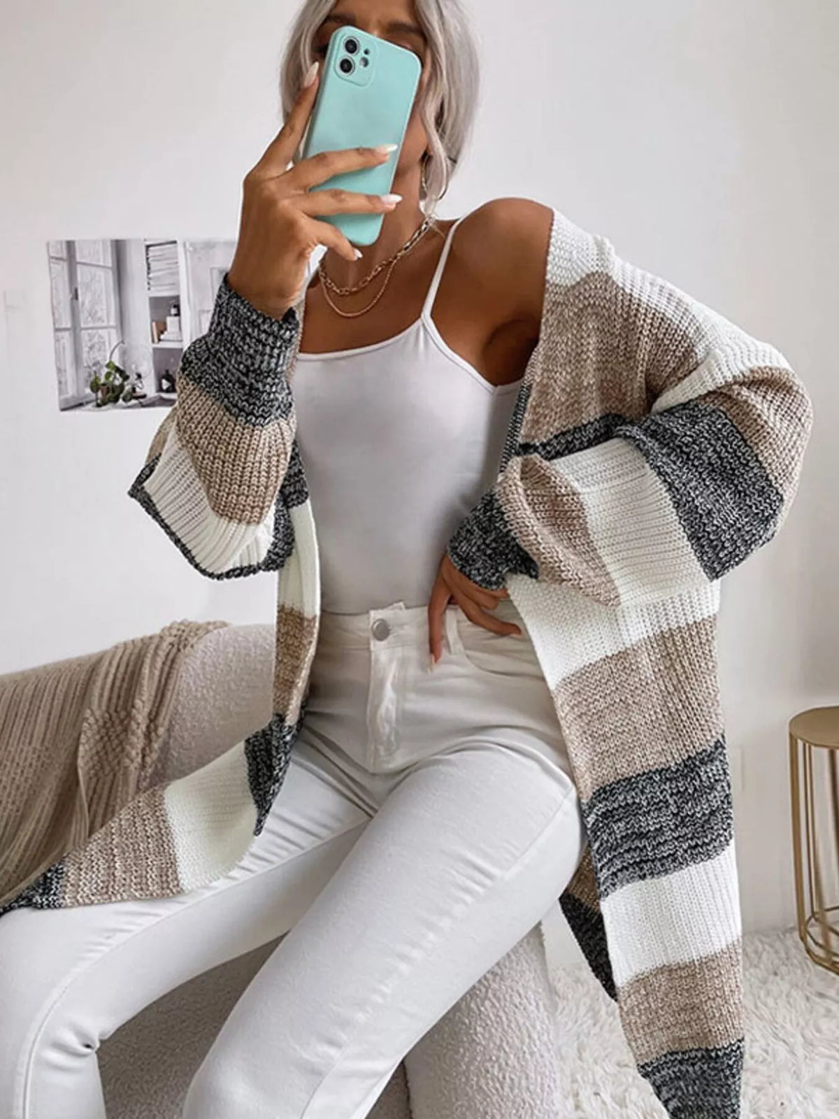 Color Block Striped Open Front Longline Cardigan - Lilixa.store