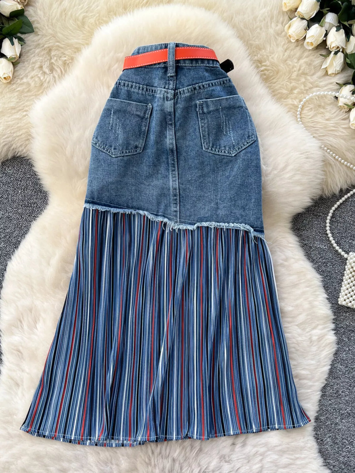 Full Size Striped Patchwork Denim Skirt Plus Size - Lilixa.store