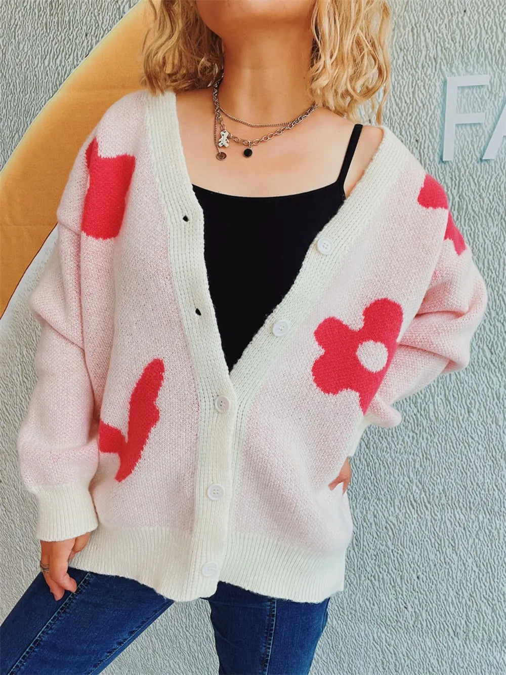 Flower Button Down V-Neck Long Sleeve Cardigan - Lilixa.store