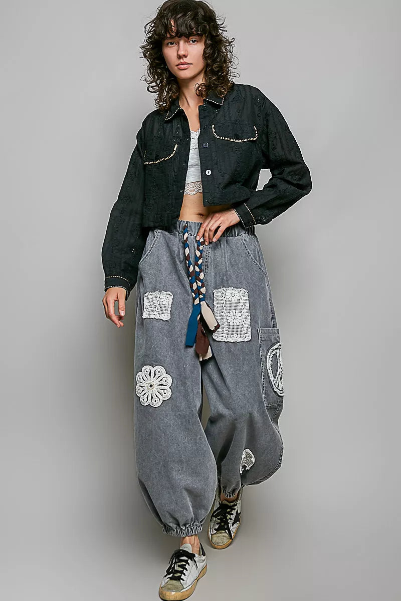POL Cropped Button-Front Eyelet Cotton Jacket in Black, view 7