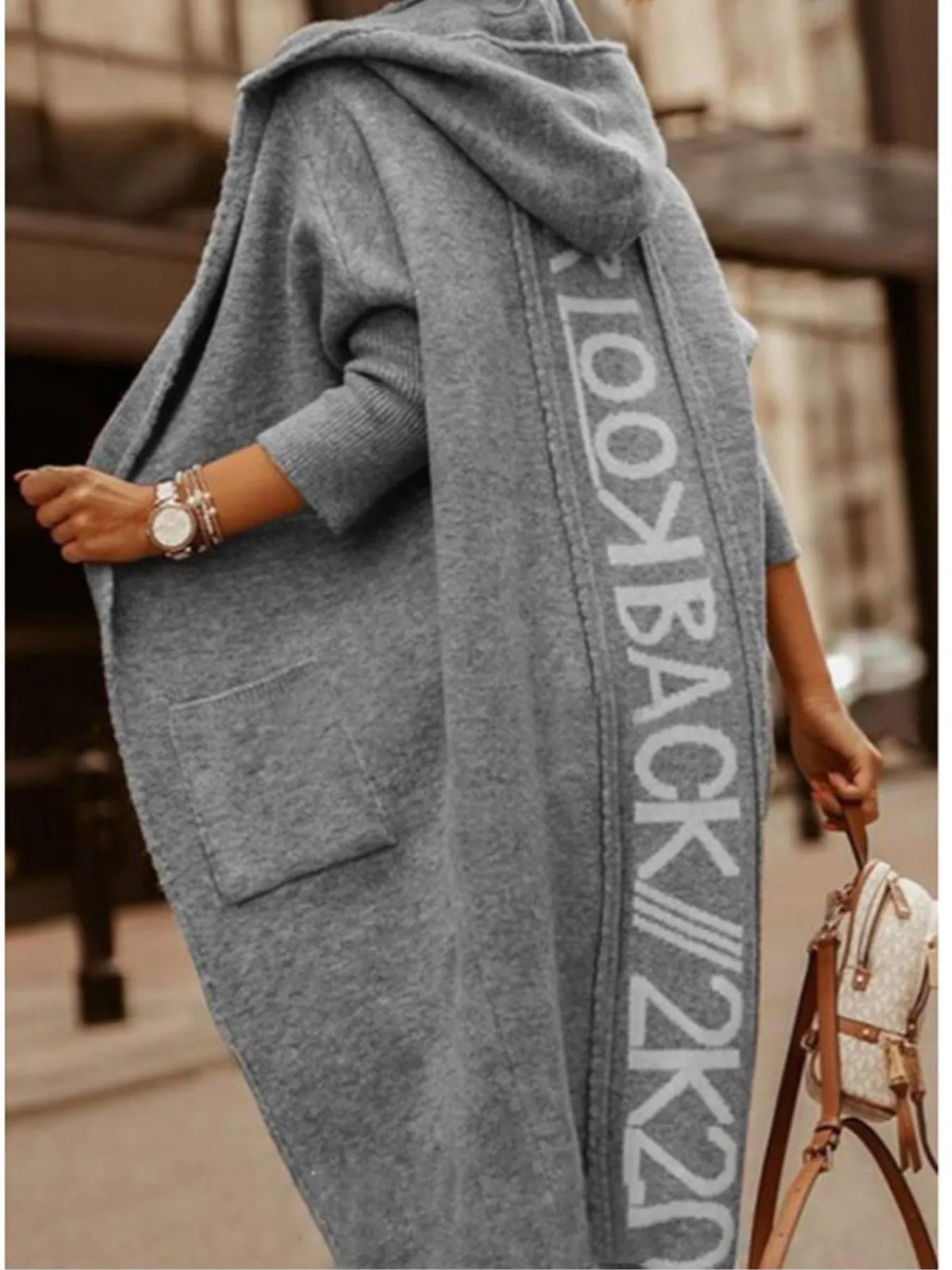 Full Size Letter Back Hooded Cardigan Plus Size