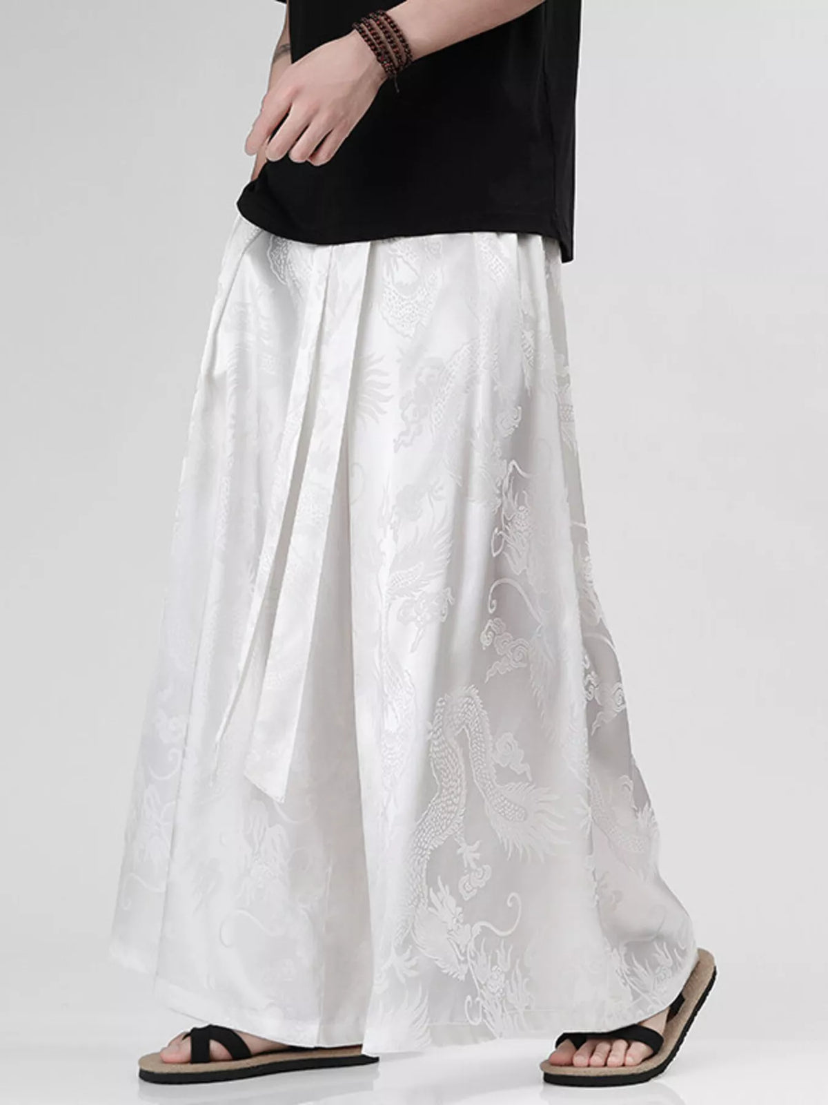 Men's Plus Size Dragon Pattern Wide Leg Pants in White