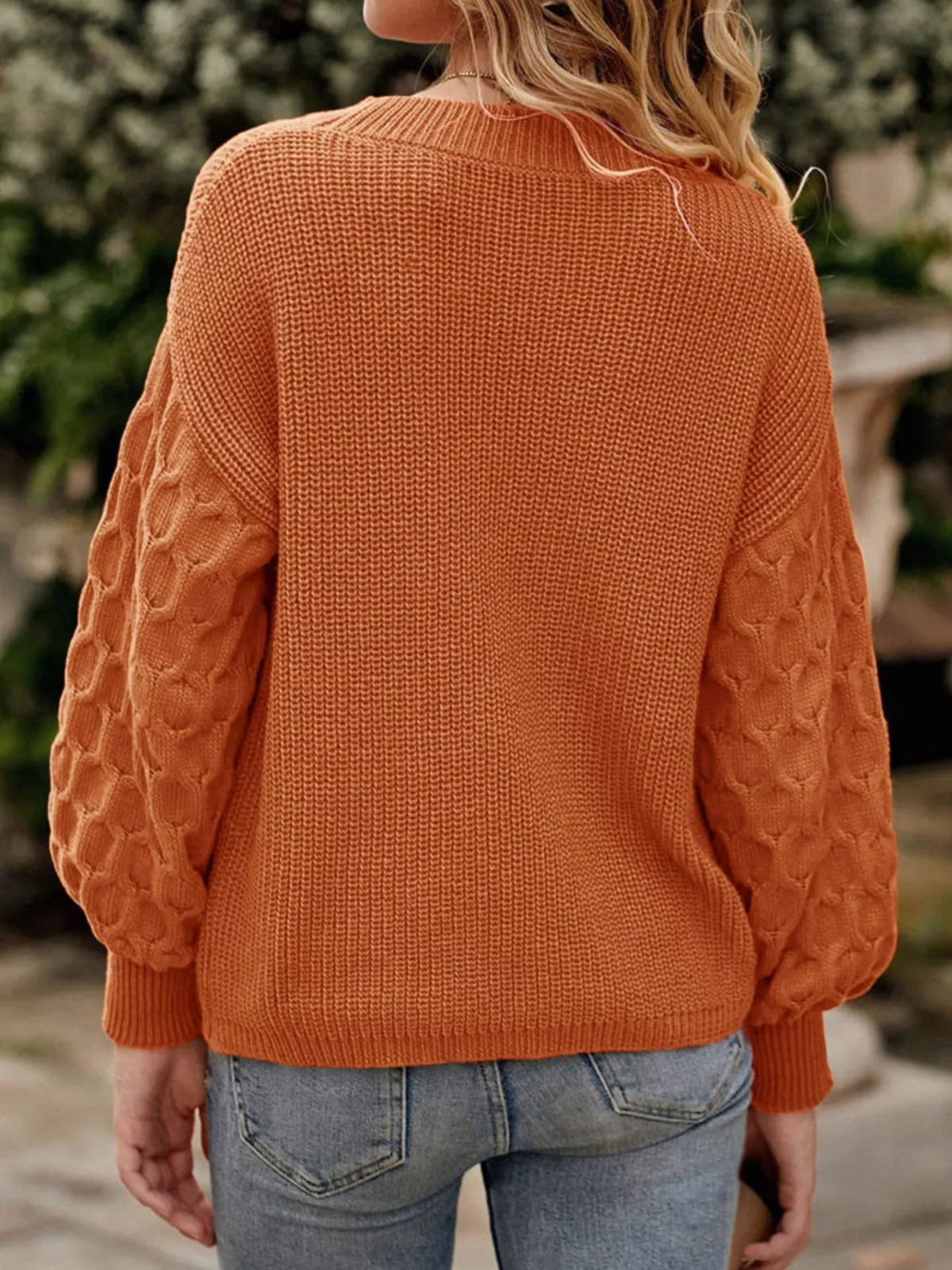 Textured Sleeve Round Neck Sweater