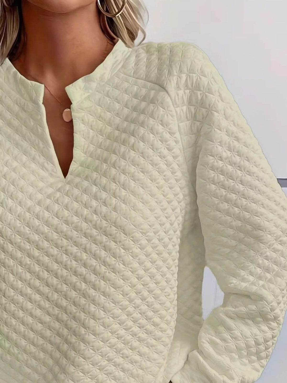 Quilted Texture Long Sleeve Sweatshirt with Notched Neck - Lilixa.store