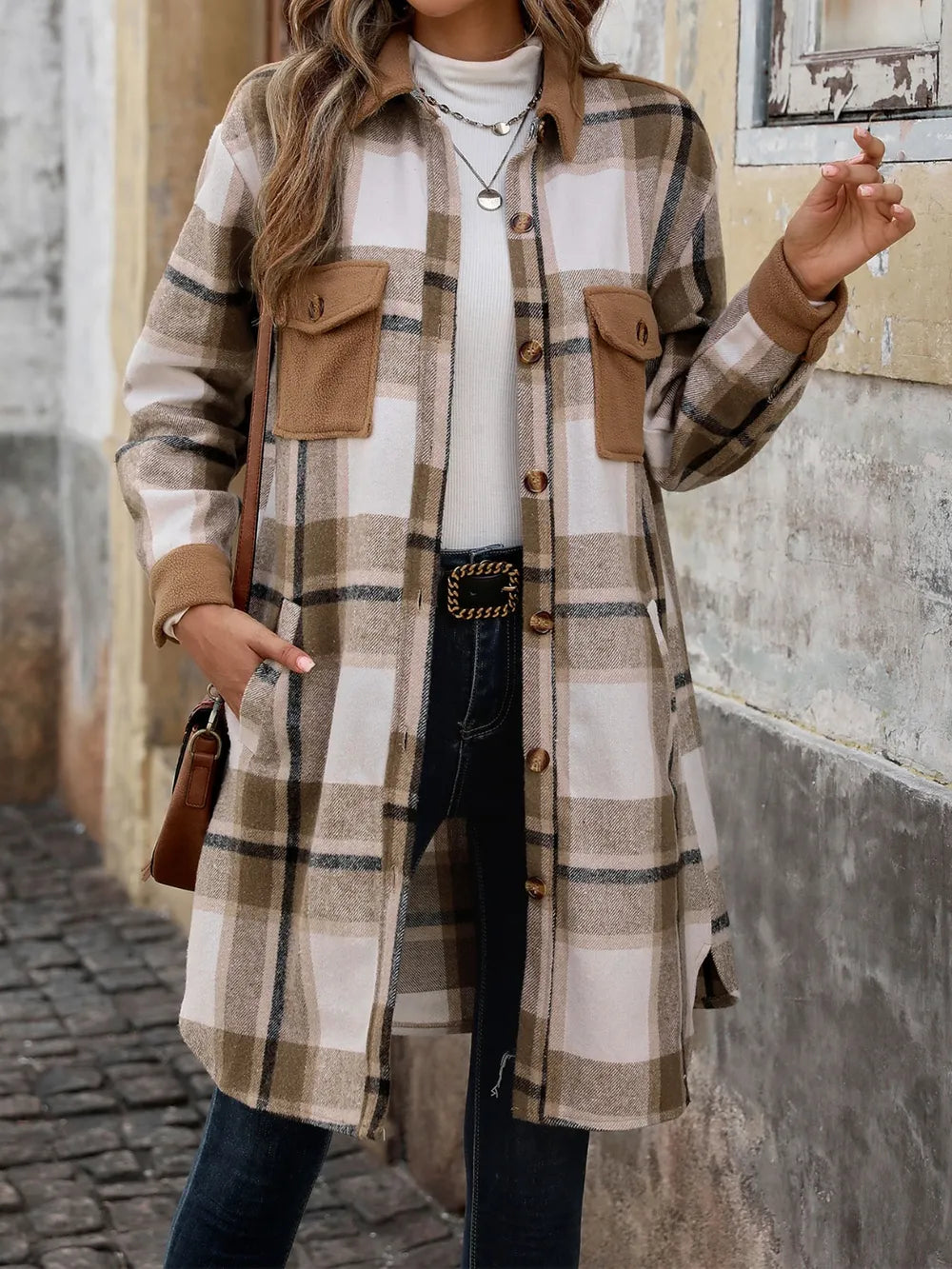 Perfee Plaid Button Up Long Sleeve Coat in Coffee Brown
