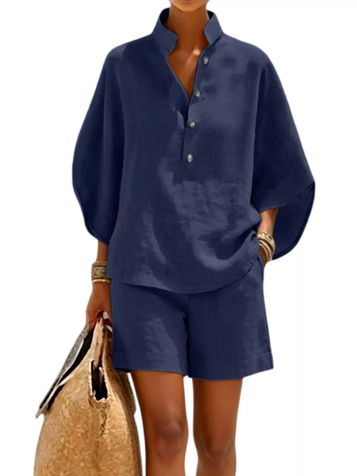 Full Size Button Detail Loose Fit Top and Shorts Set Plus Size