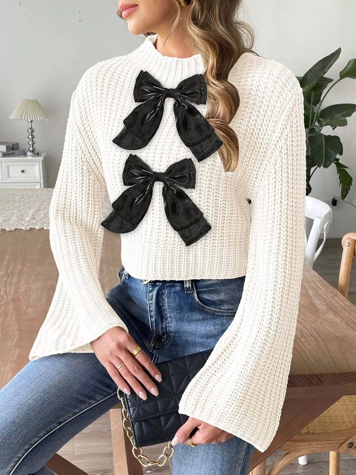Bow-Decorated Mock Neck Cropped Sweater - Lilixa.store